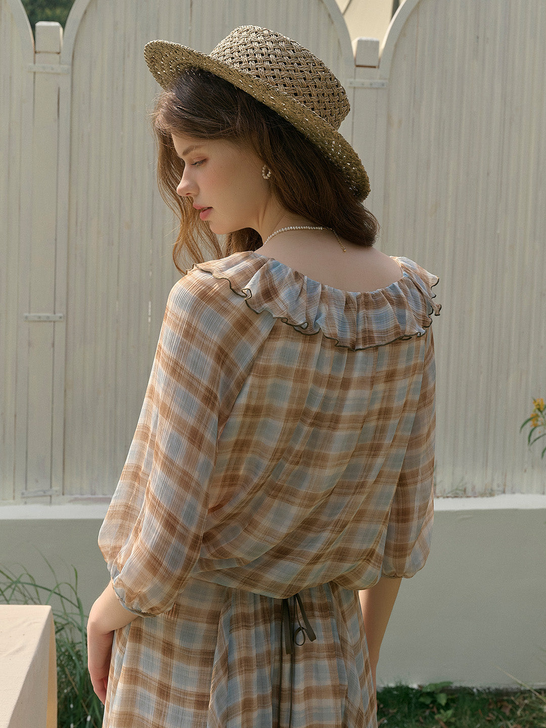 Melanie Ruffle Neck Plaid Blouse