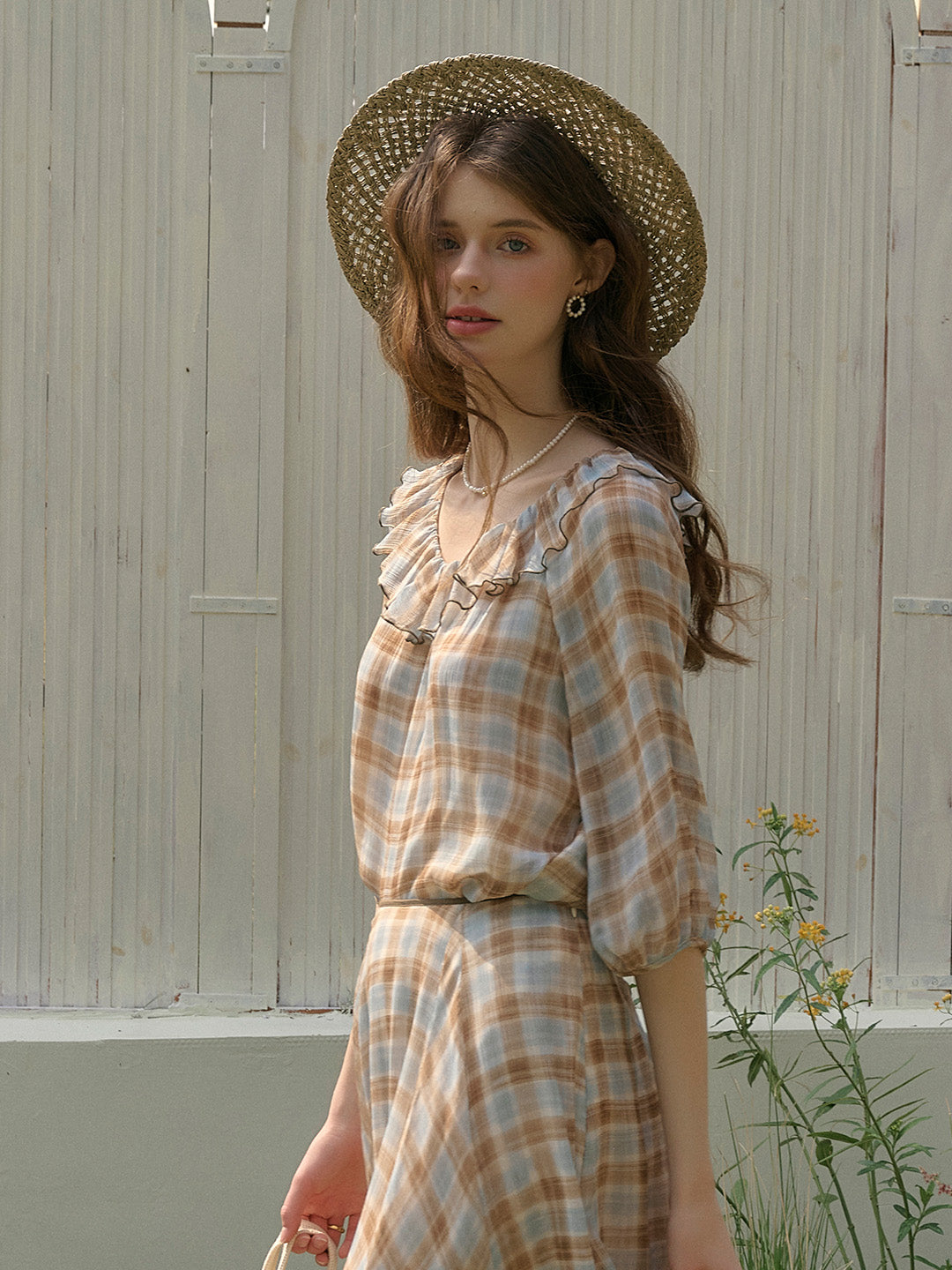Melanie Ruffle Neck Plaid Blouse
