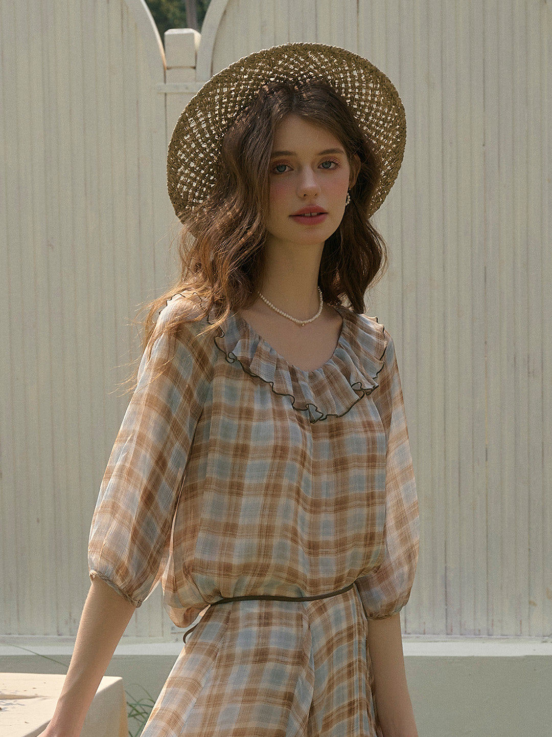 Melanie Ruffle Neck Plaid Blouse