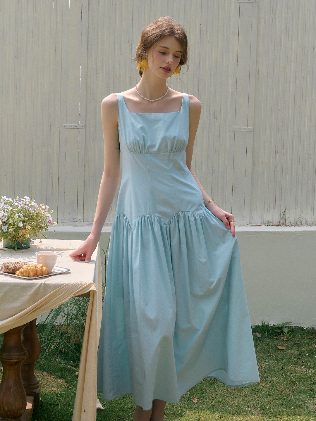 Jemma Square Neck Patchwork Dress - Blue
