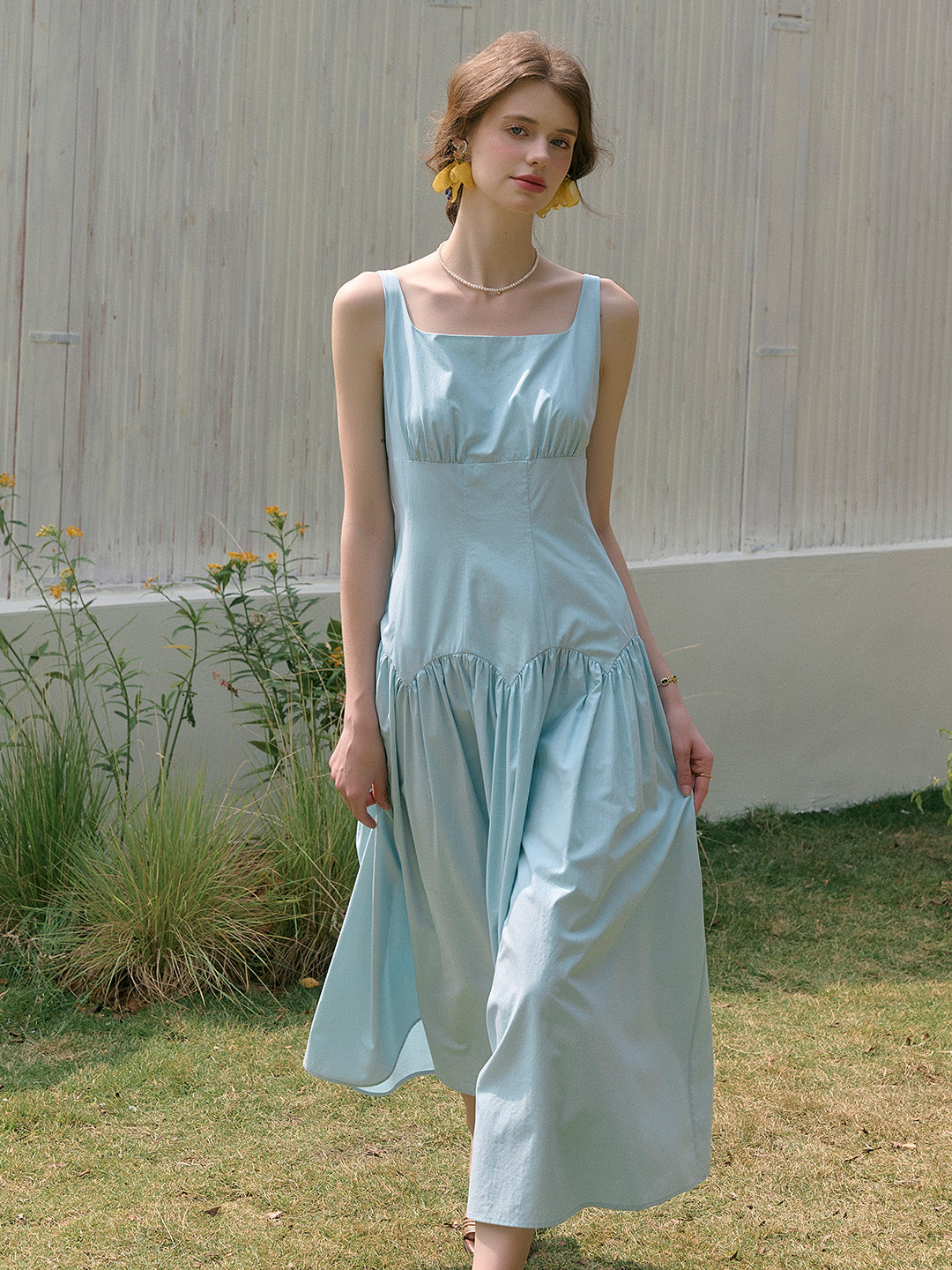 Jemma Square Neck Patchwork Dress - Blue
