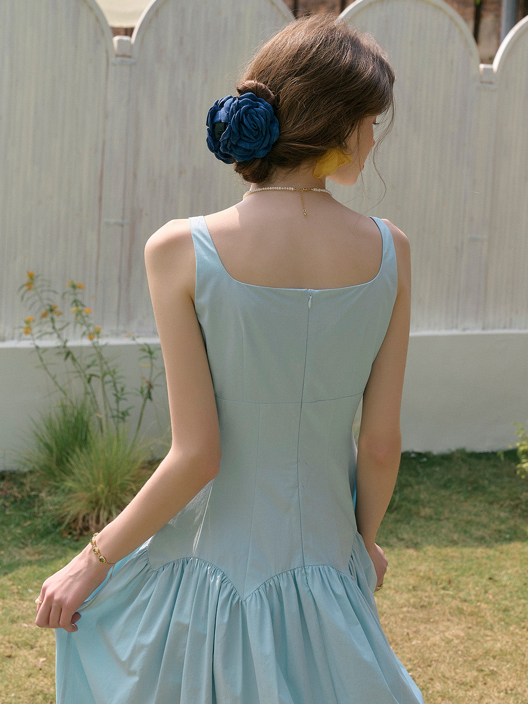 Jemma Square Neck Patchwork Dress - Blue
