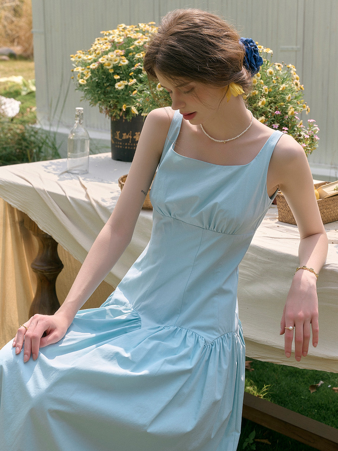 Jemma Square Neck Patchwork Dress - Blue
