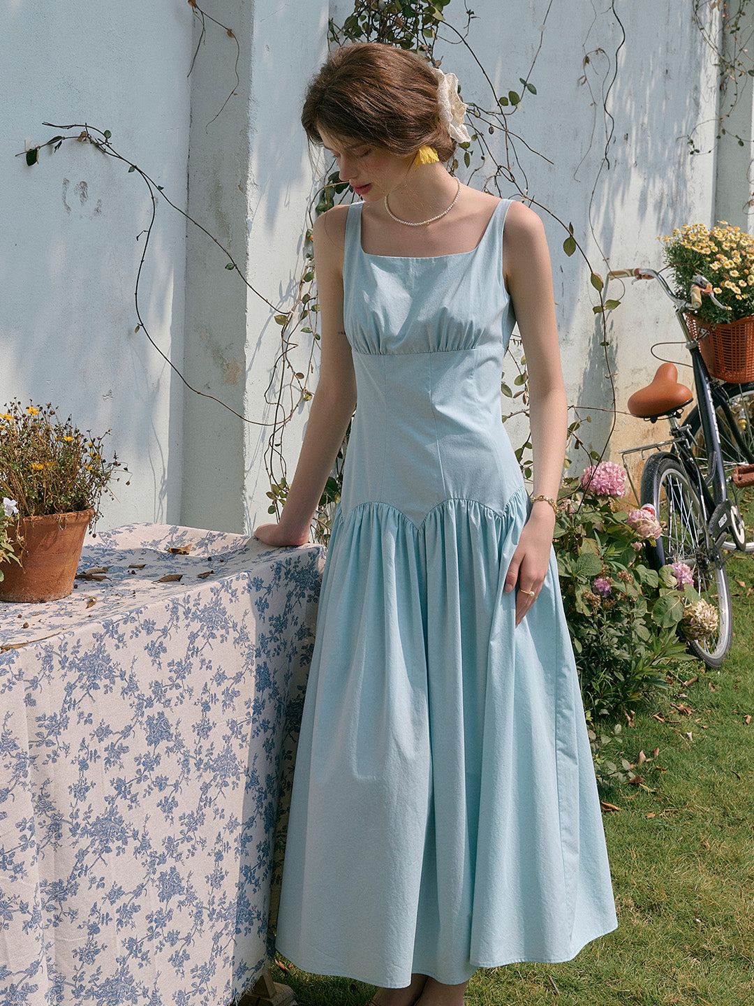 Jemma Square Neck Patchwork Dress - Blue