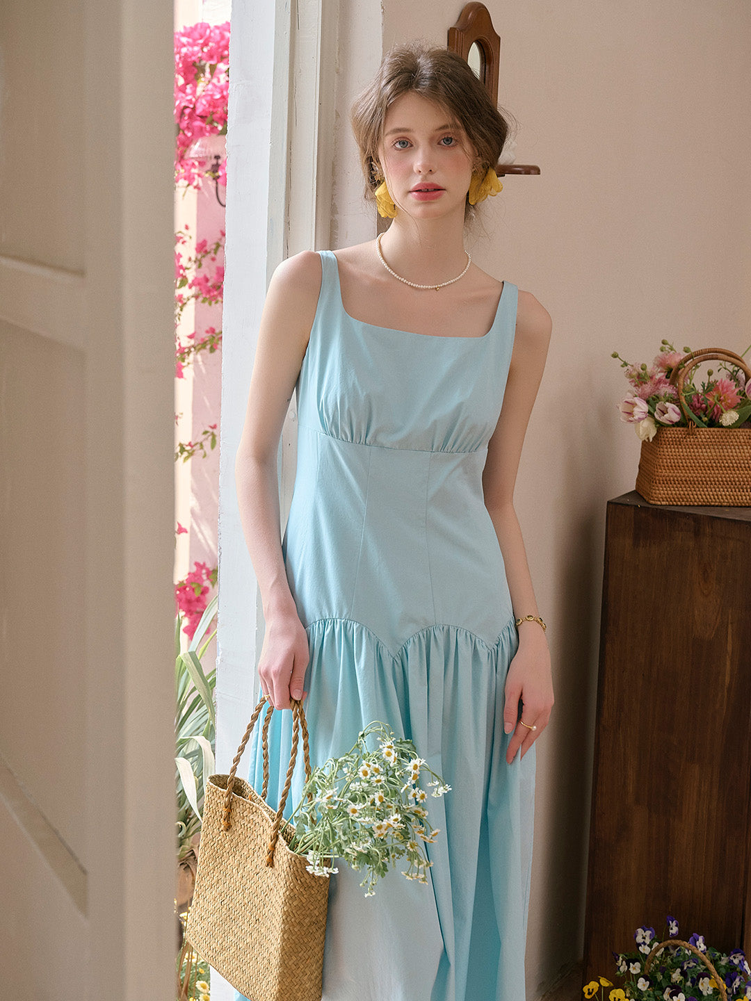 Jemma Square Neck Patchwork Dress - Blue