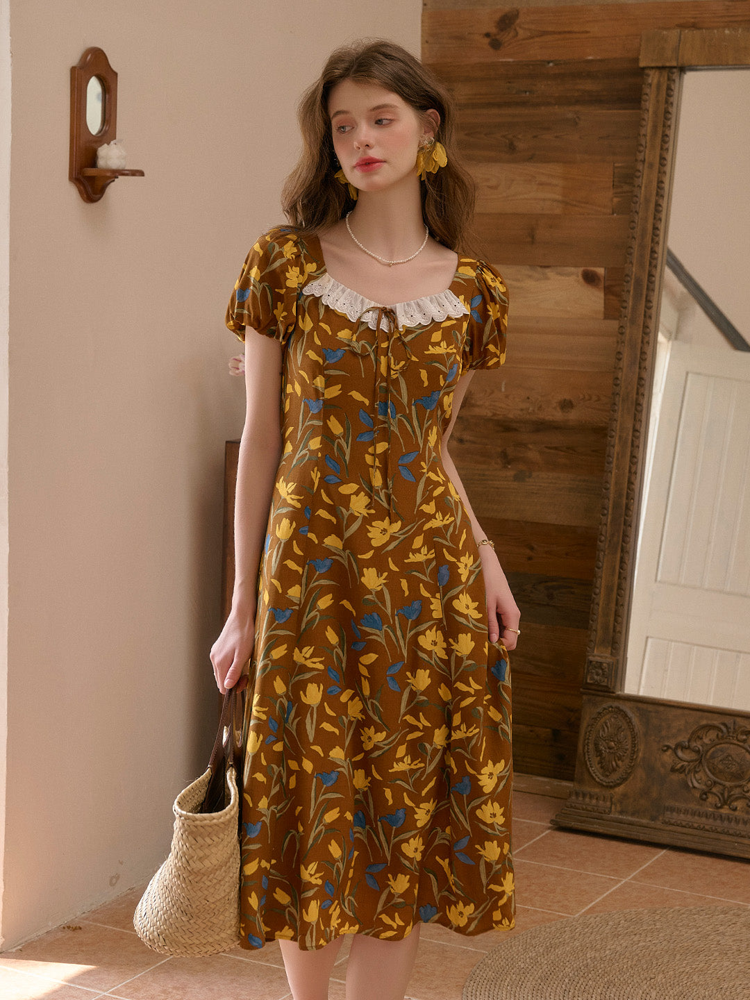 Emma Square Neck Lace Puff Sleeves Dress