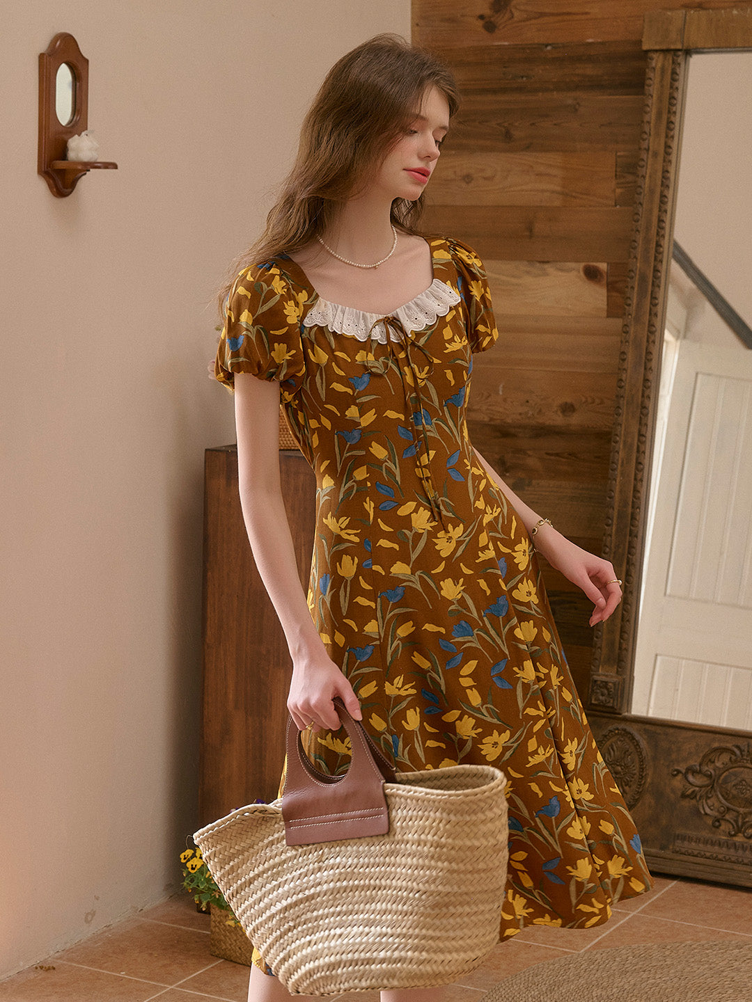 Emma Square Neck Lace Puff Sleeves Dress