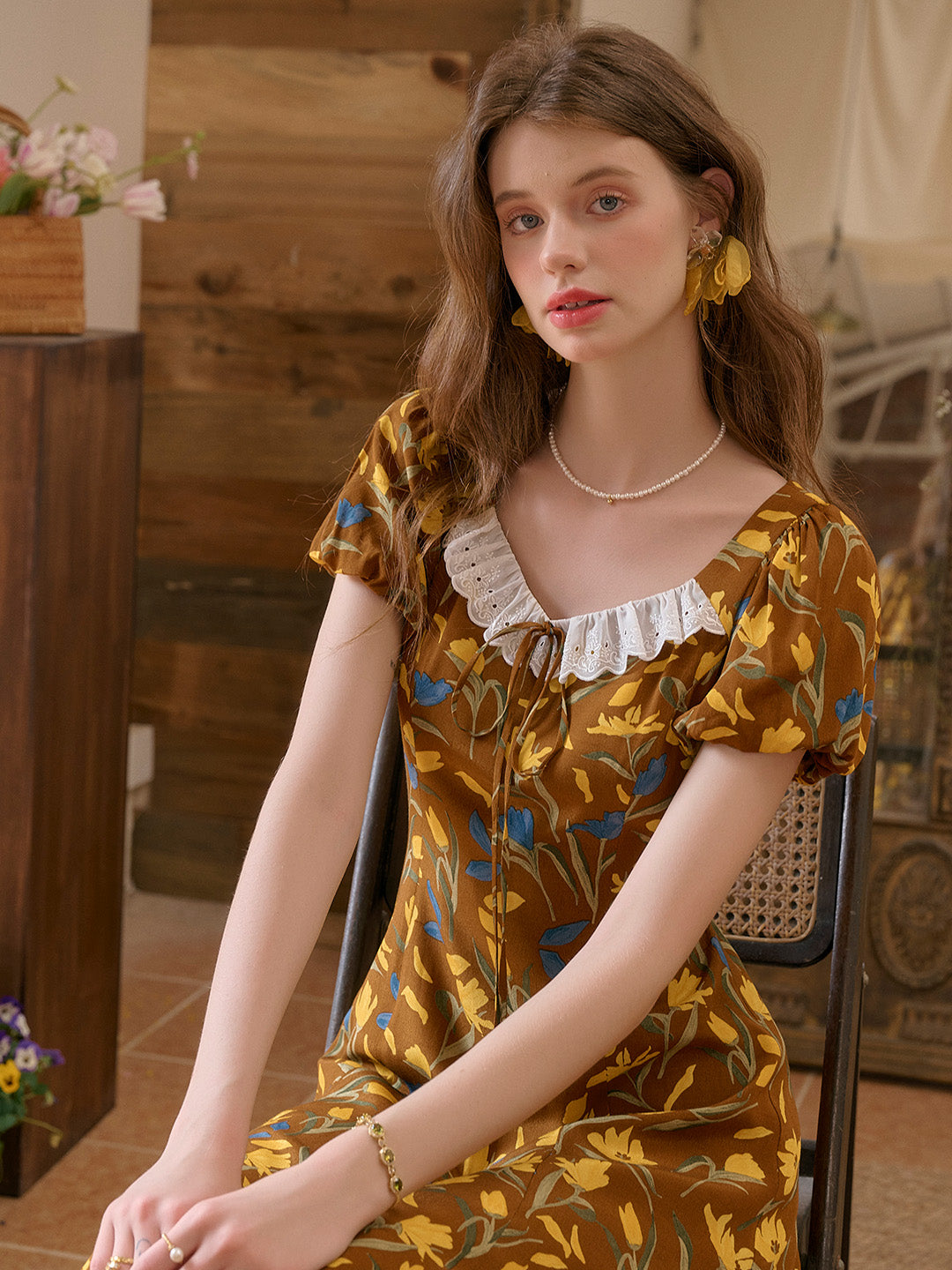 Emma Square Neck Lace Puff Sleeves Dress