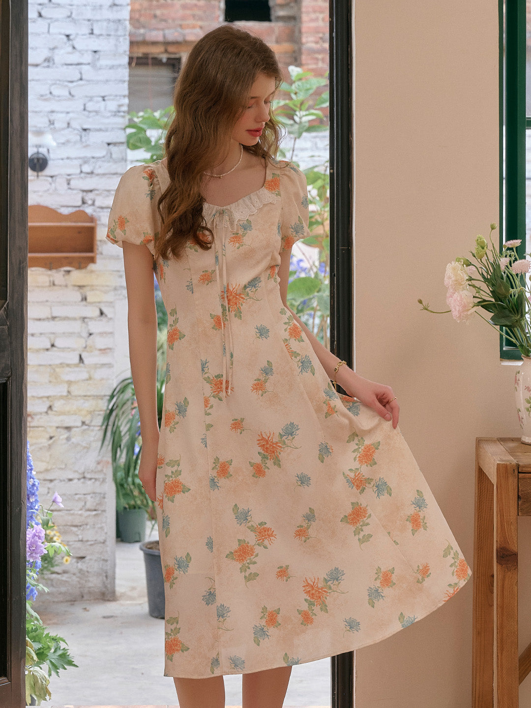 Emma Square Neck Lace Puff Sleeves Dress
