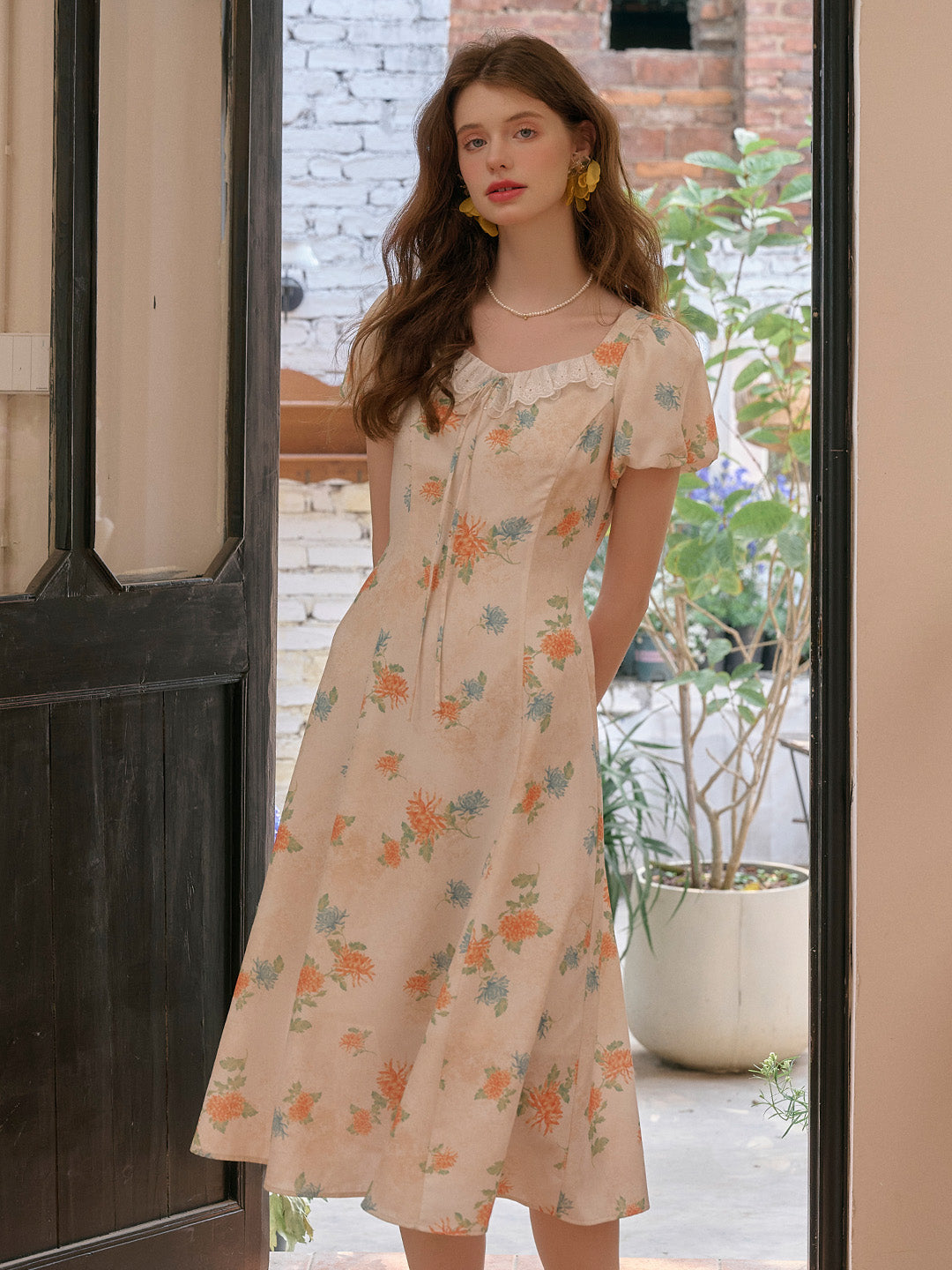 Emma Square Neck Lace Puff Sleeves Dress