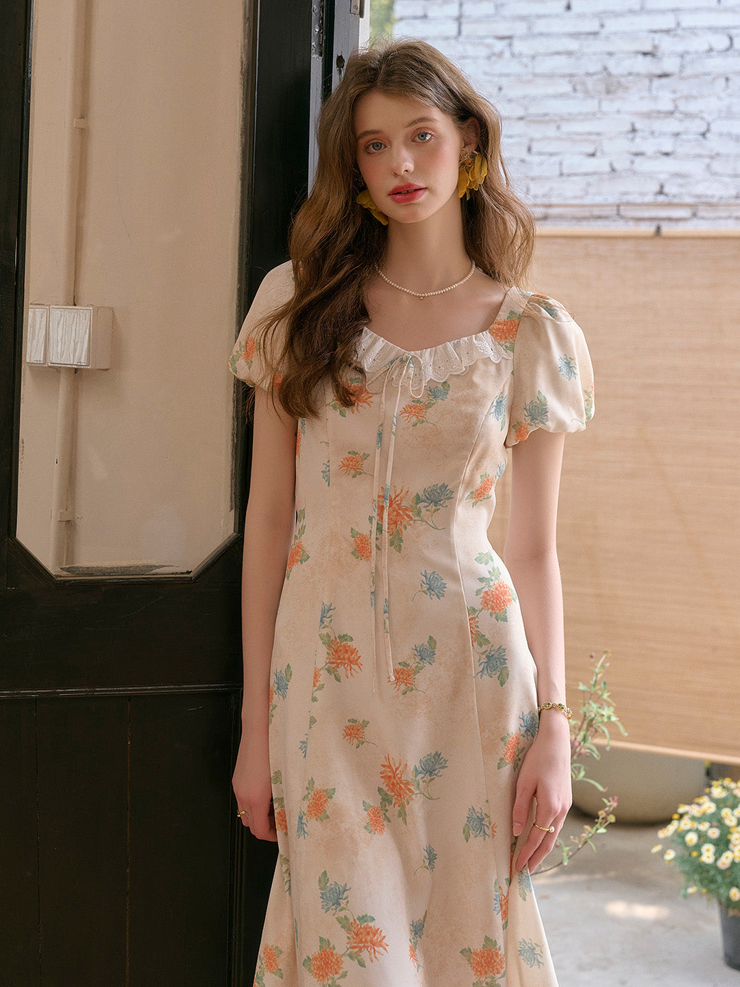 Emma Square Neck Lace Puff Sleeves Dress
