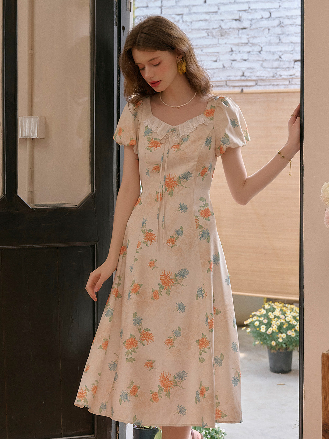 Emma Square Neck Lace Puff Sleeves Dress