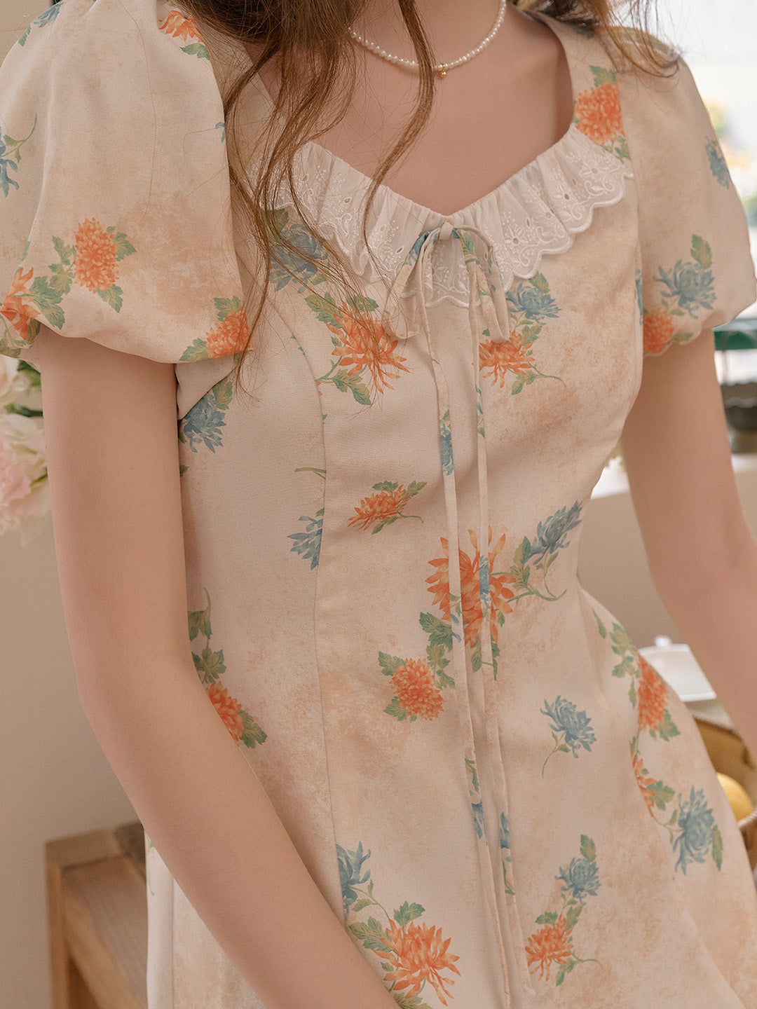 Emma Square Neck Lace Puff Sleeves Dress