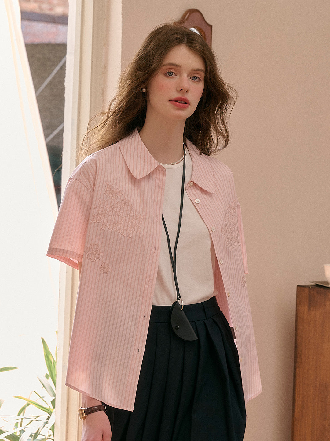 Eden Lapel Embroidery Striped Top
