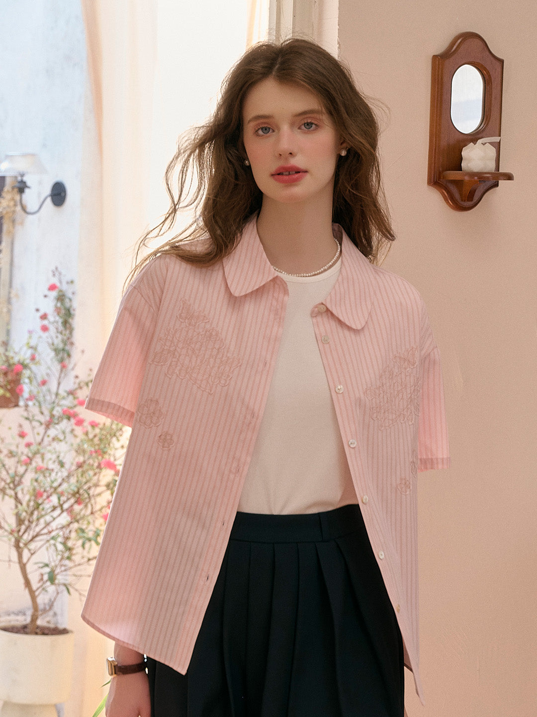 Eden Lapel Embroidery Striped Top