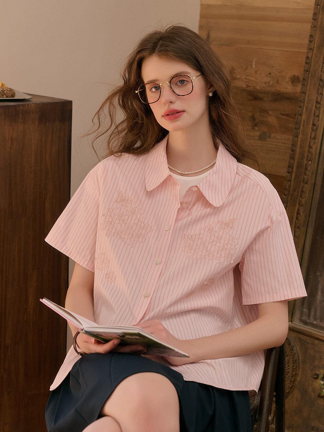 Eden Lapel Embroidery Striped Top