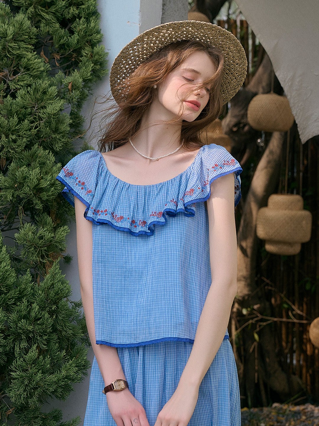 Amelia Ruffle Neck Floral Embroidery Top