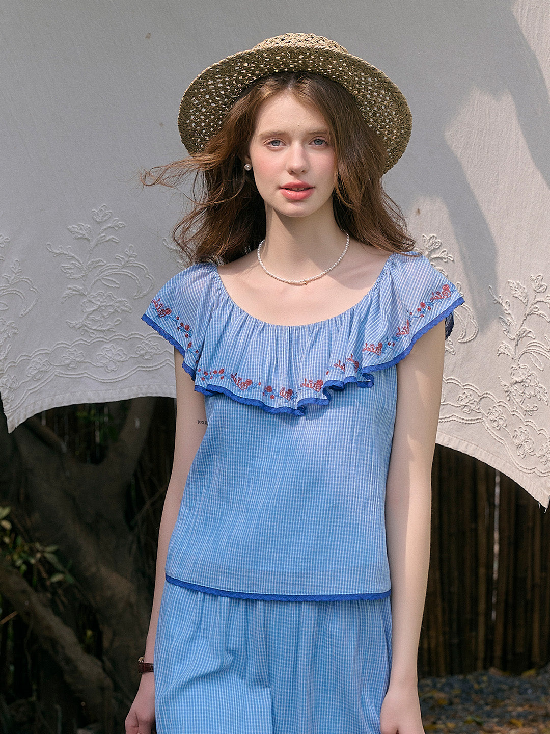 Amelia Ruffle Neck Floral Embroidery Top