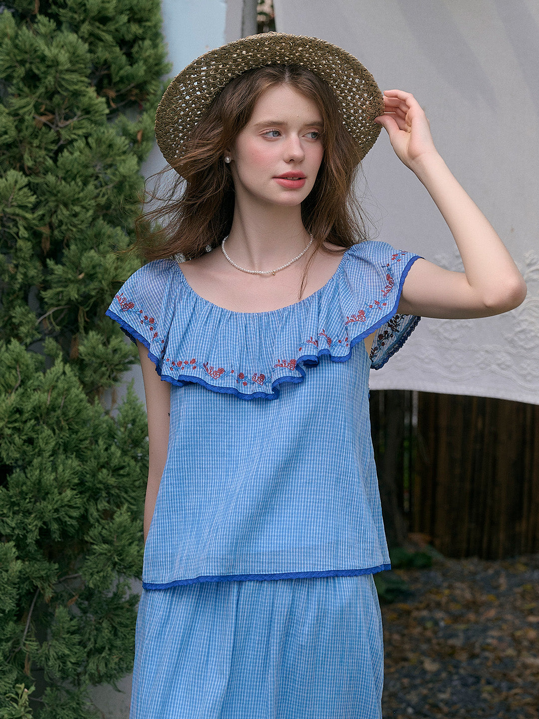 Amelia Ruffle Neck Floral Embroidery Top