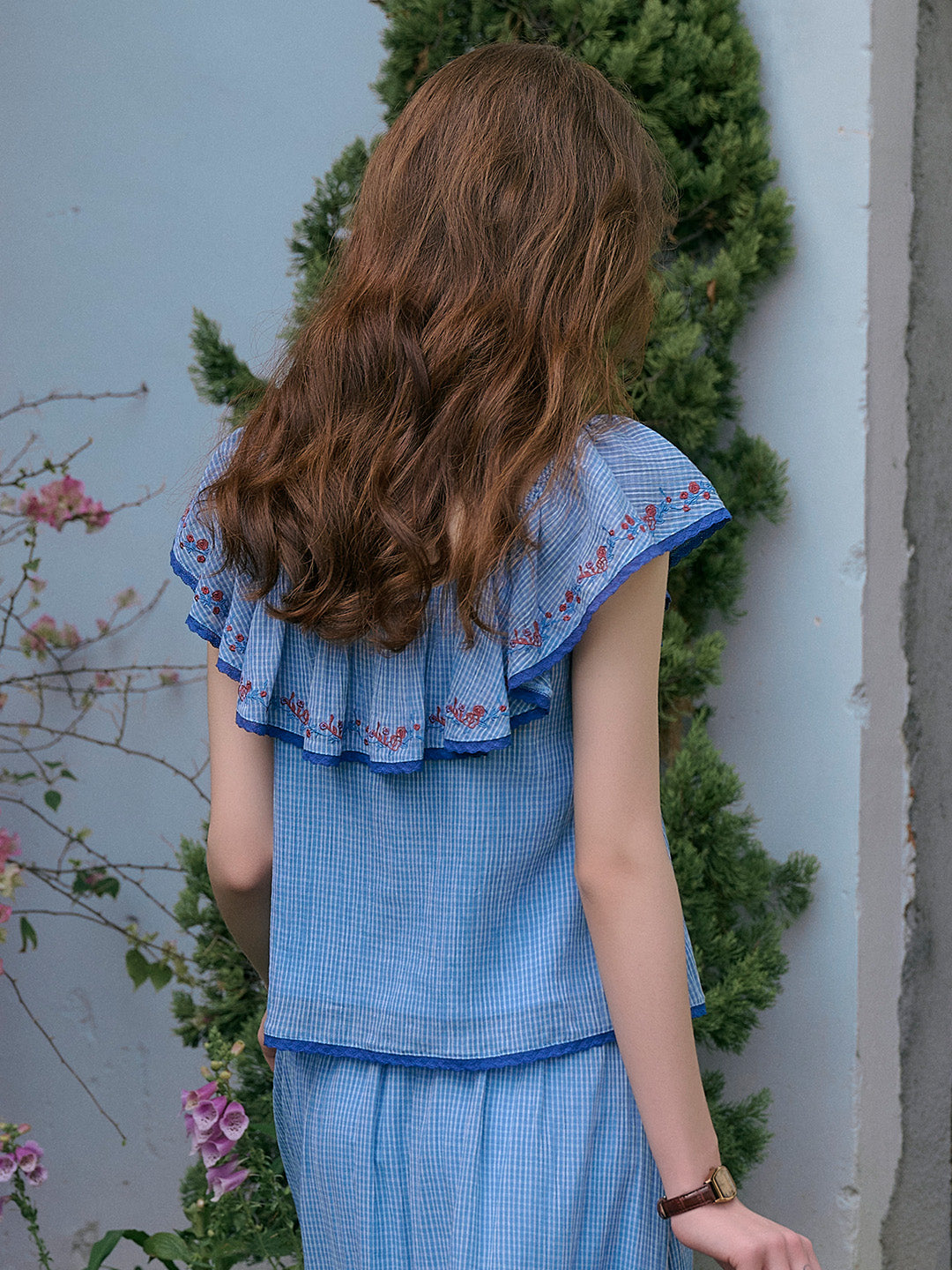 Amelia Ruffle Neck Floral Embroidery Top