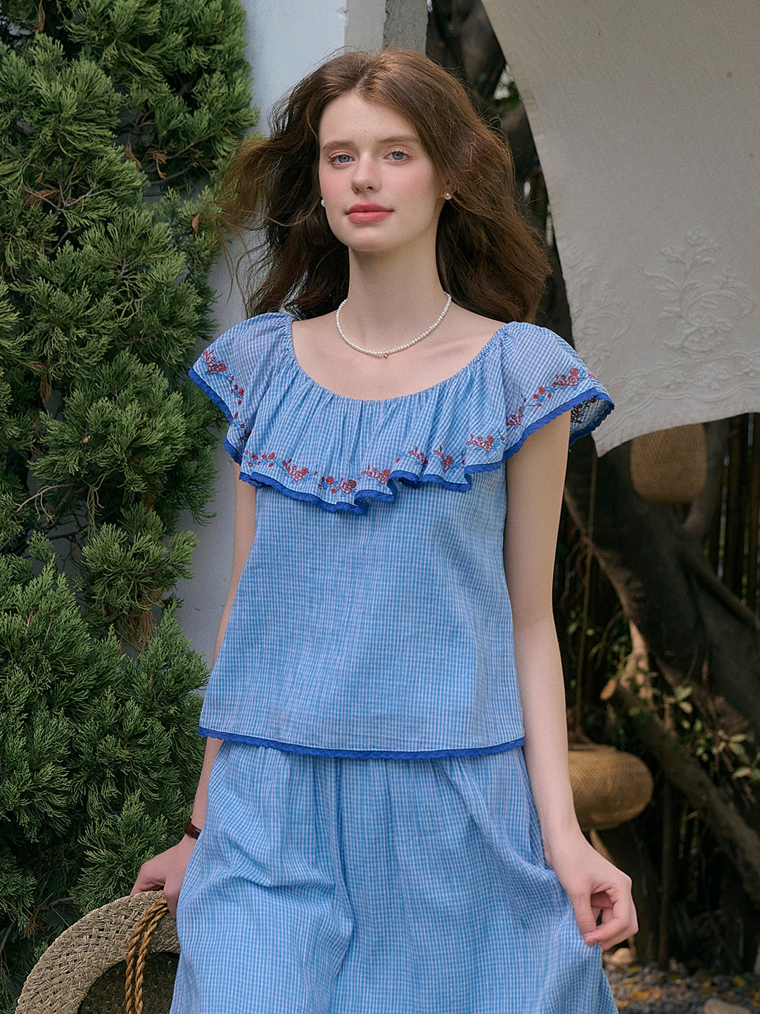 Amelia Ruffle Neck Floral Embroidery Top