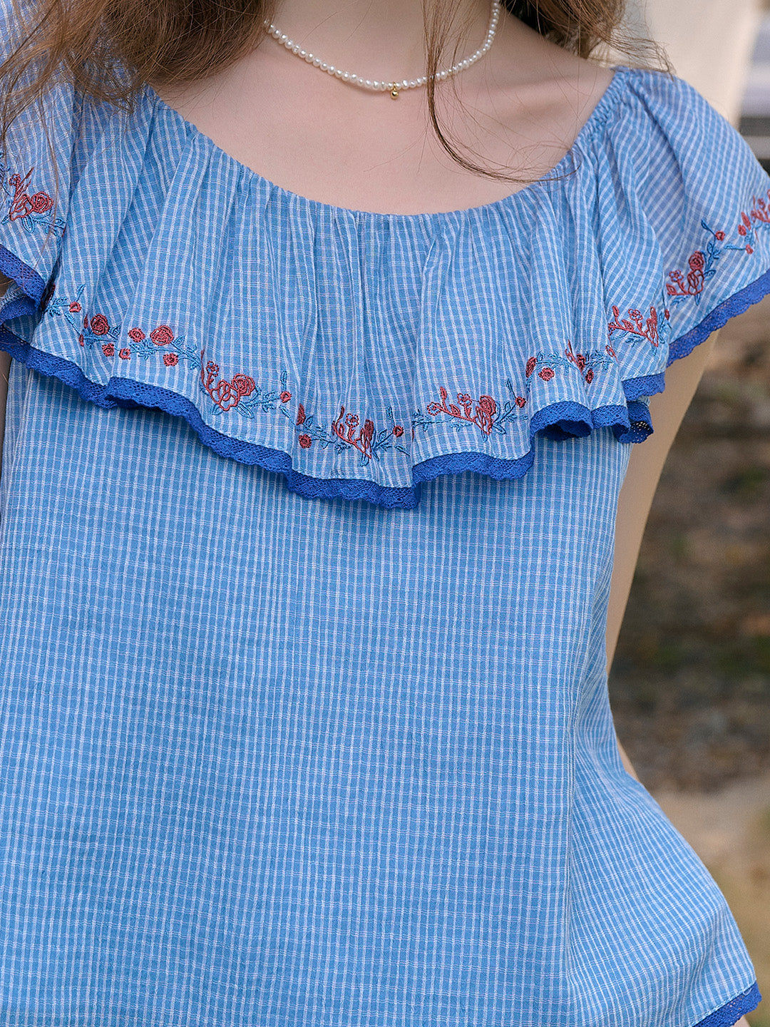Amelia Ruffle Neck Floral Embroidery Top