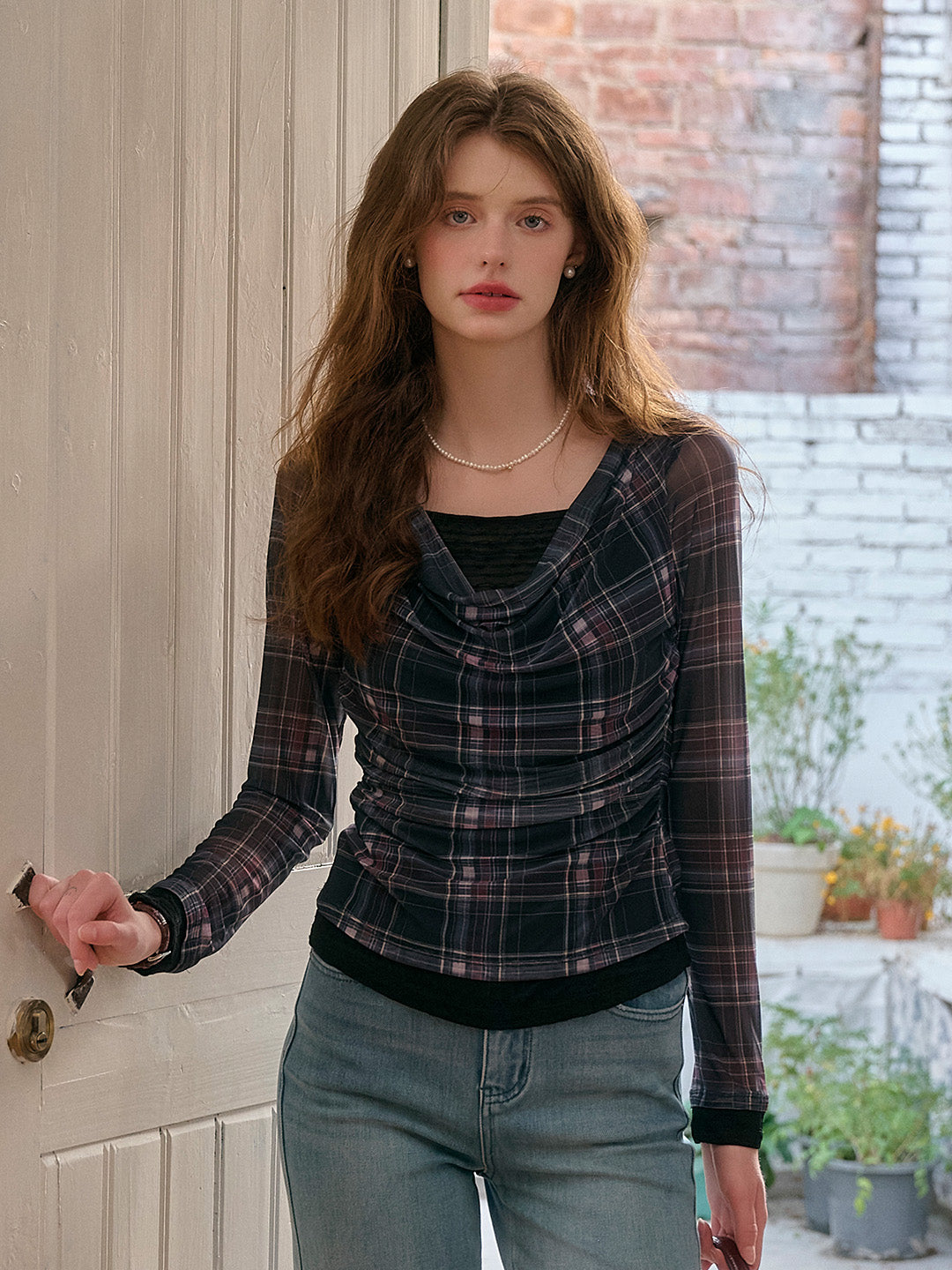 Samara Cowl Neck Plaid Blouse