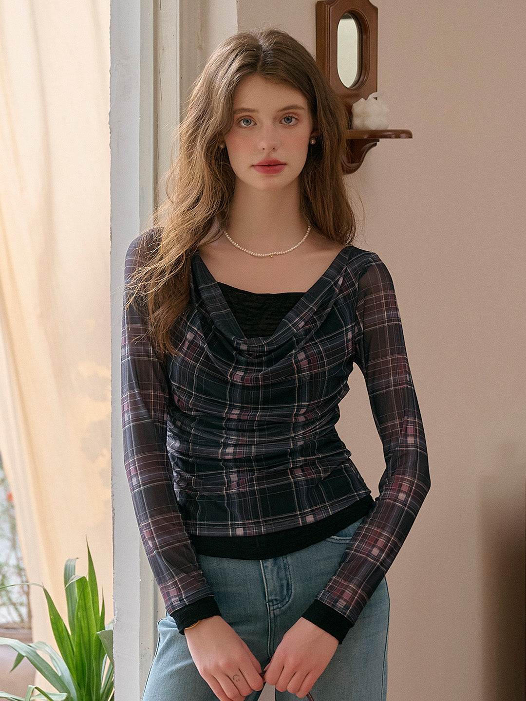 Samara Cowl Neck Plaid Blouse