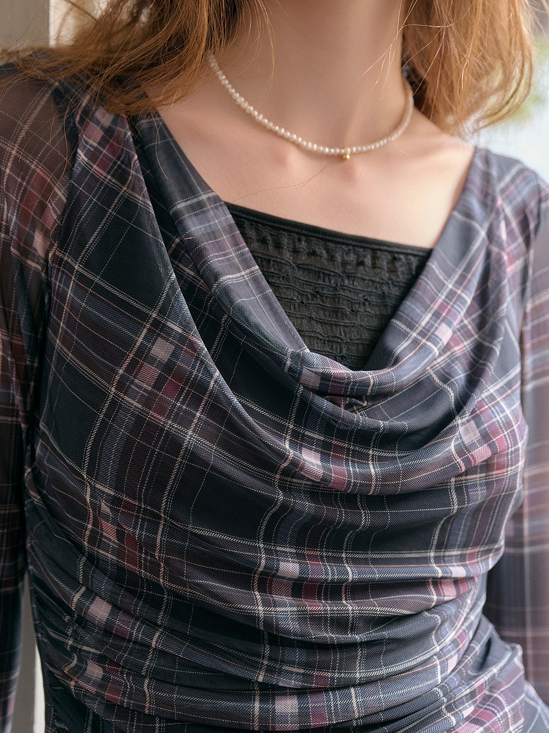 Samara Cowl Neck Plaid Blouse