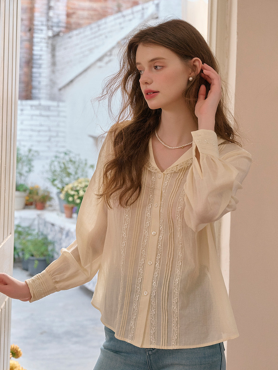 Alessa V-Neck Embroidery Cotton Blouse