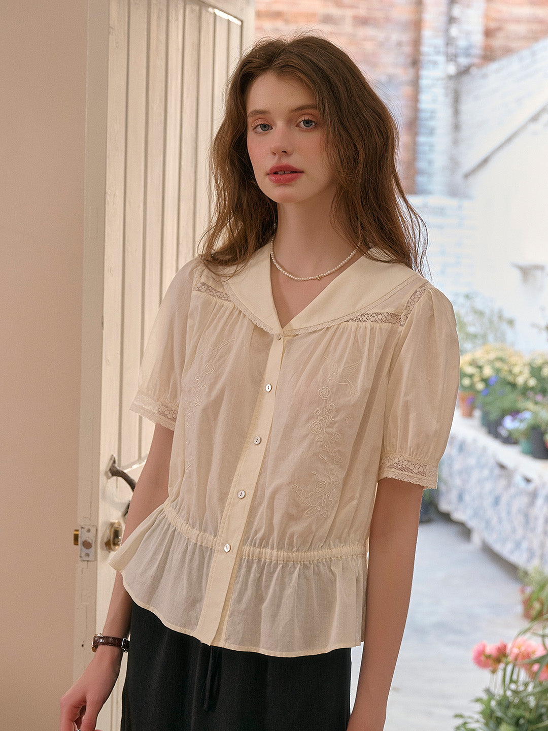 Lacey V-Neck Embroidery Cotton Blouse