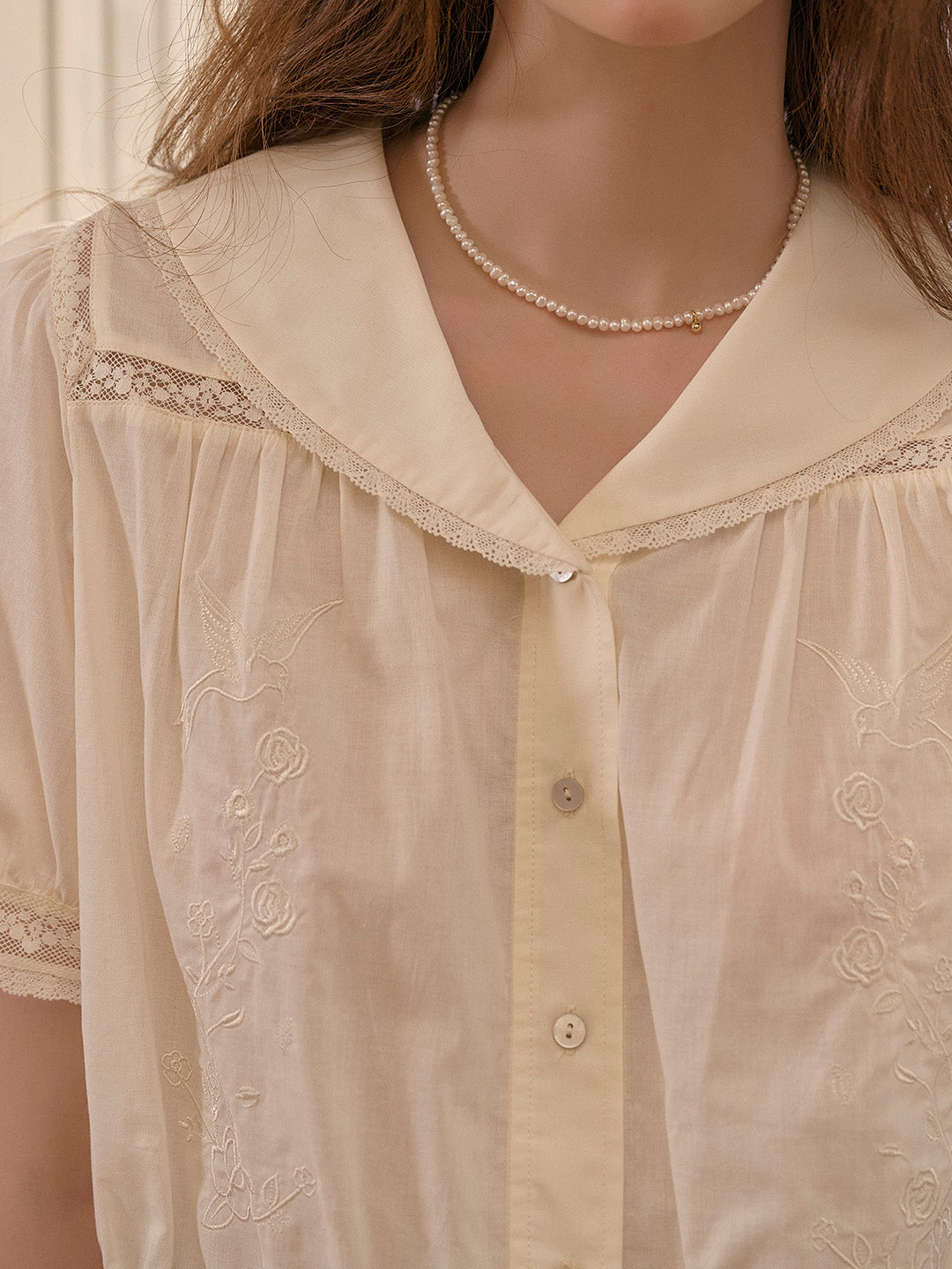 Lacey V-Neck Embroidery Cotton Blouse