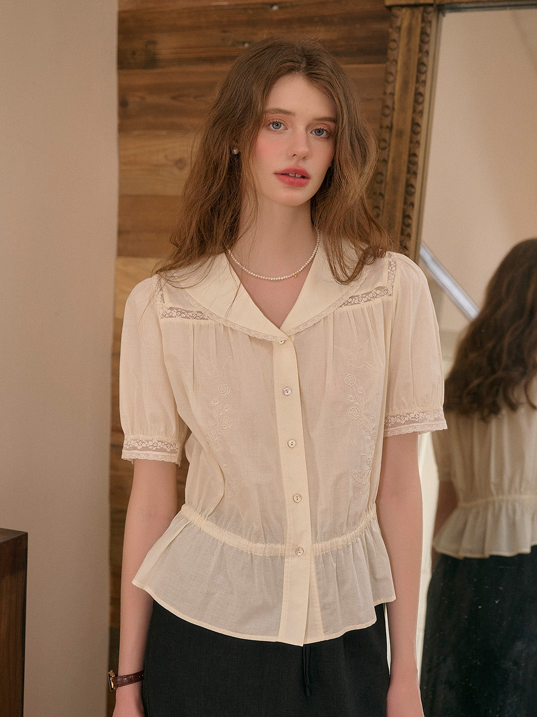 Lacey V-Neck Embroidery Cotton Blouse
