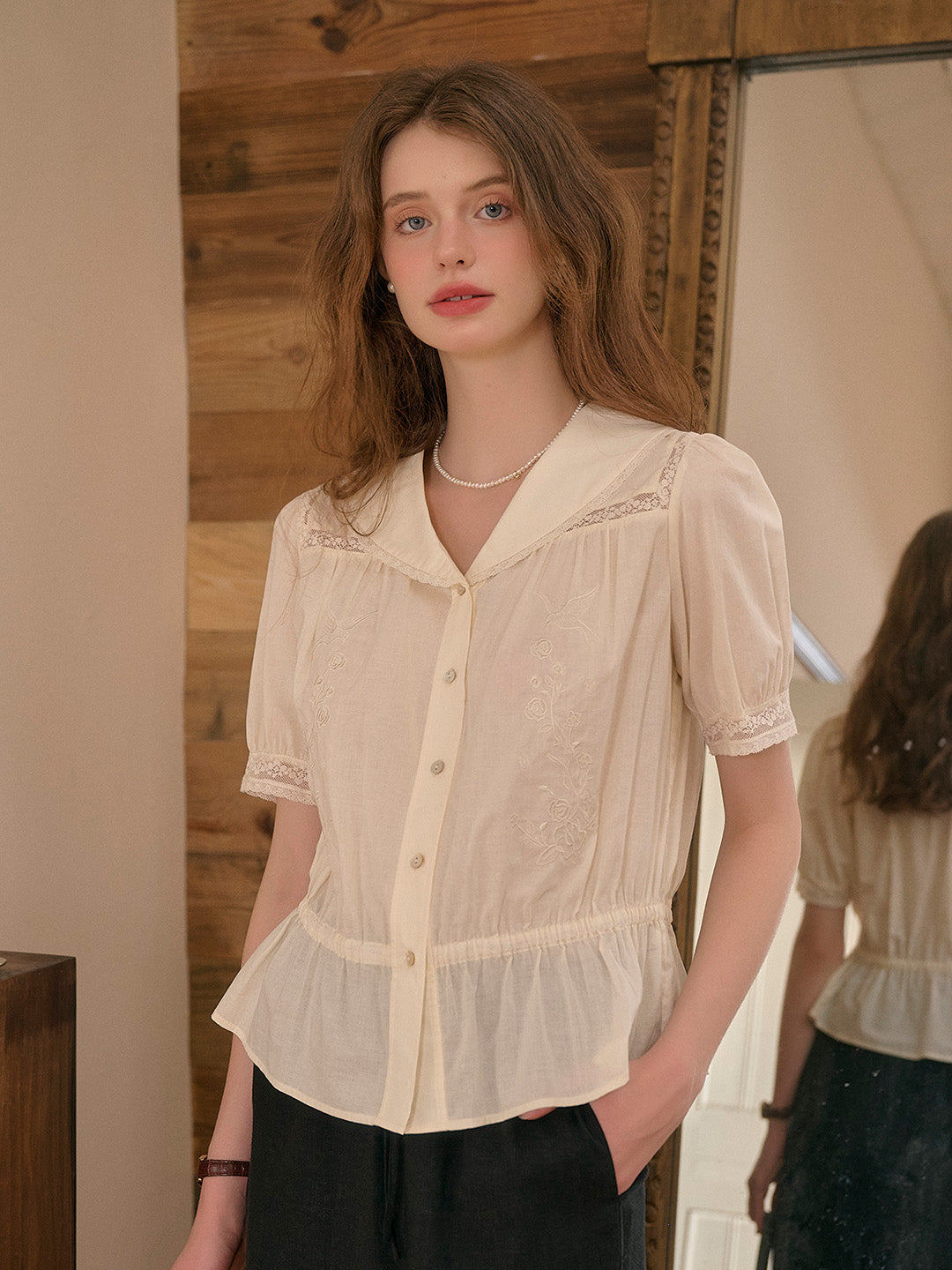 Lacey V-Neck Embroidery Cotton Blouse