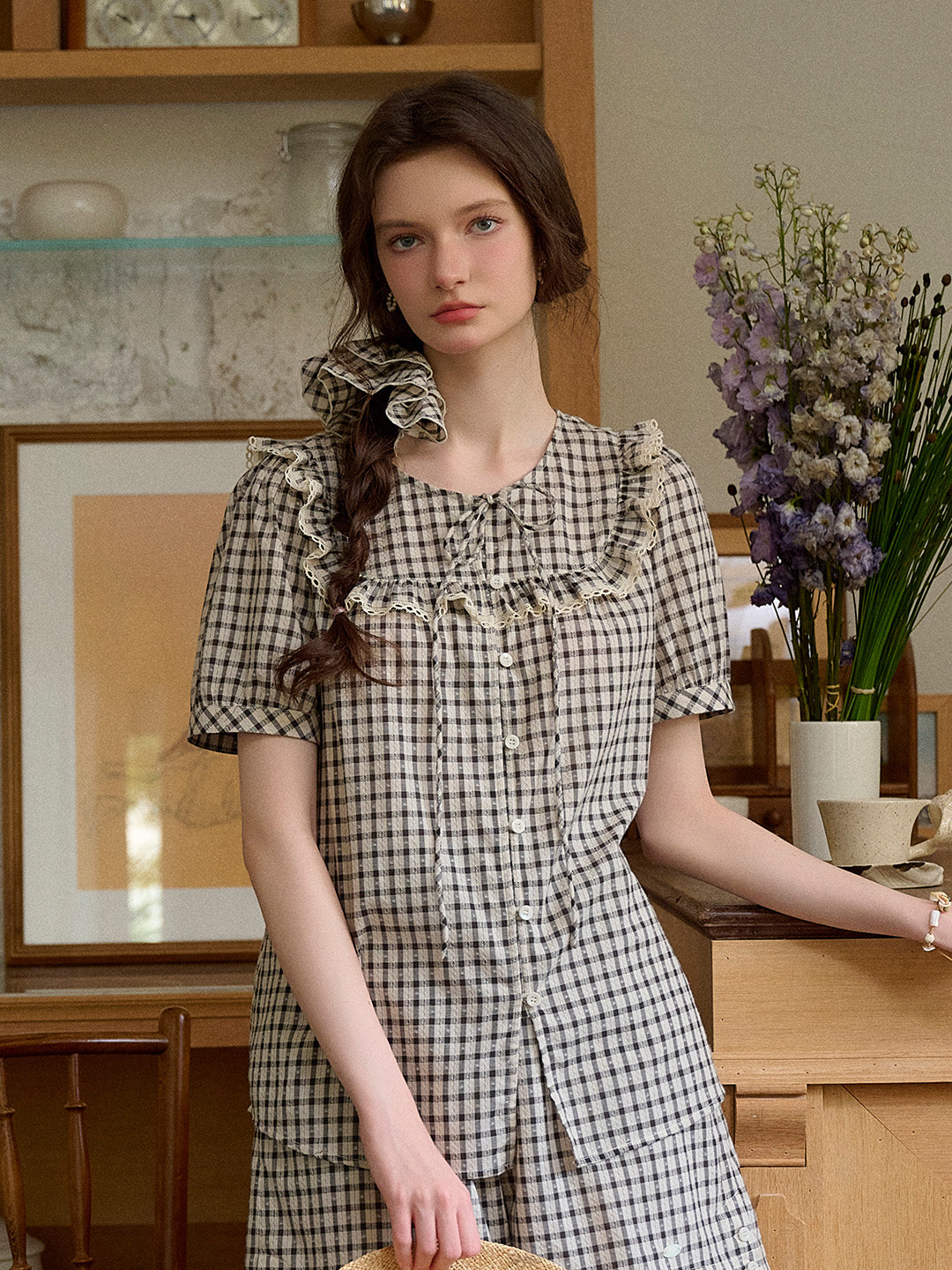 Josephine Round Neck Plaid 100% Cotton Blouse
