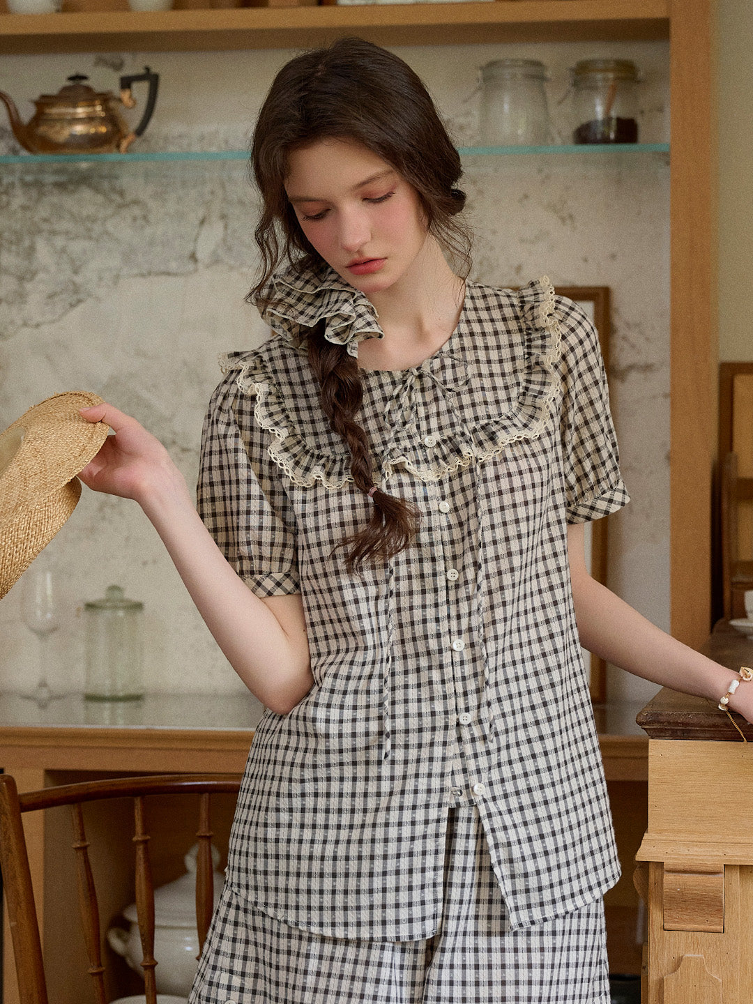 Josephine Round Neck Plaid 100% Cotton Blouse