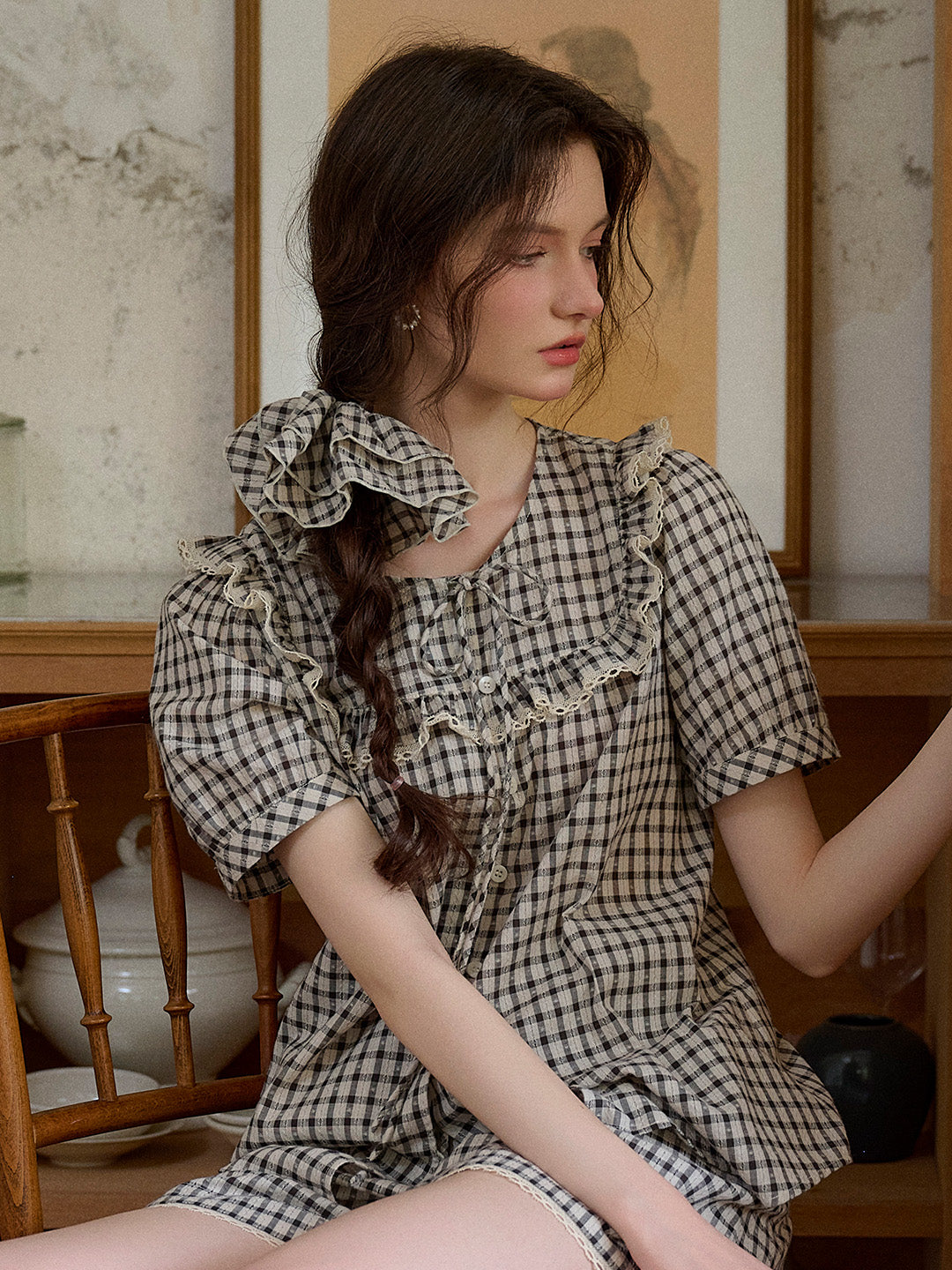 Josephine Round Neck Plaid 100% Cotton Blouse