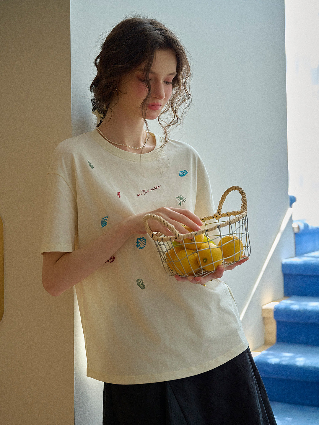 Marina Round Neck Shell Embroidery 100% Cotton T-shirt
