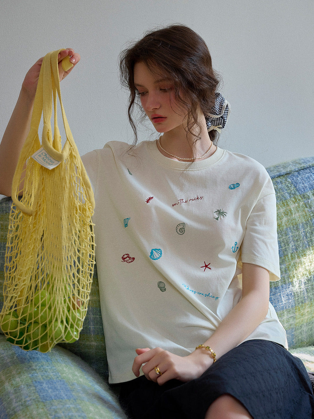 Marina Round Neck Shell Embroidery 100% Cotton T-shirt