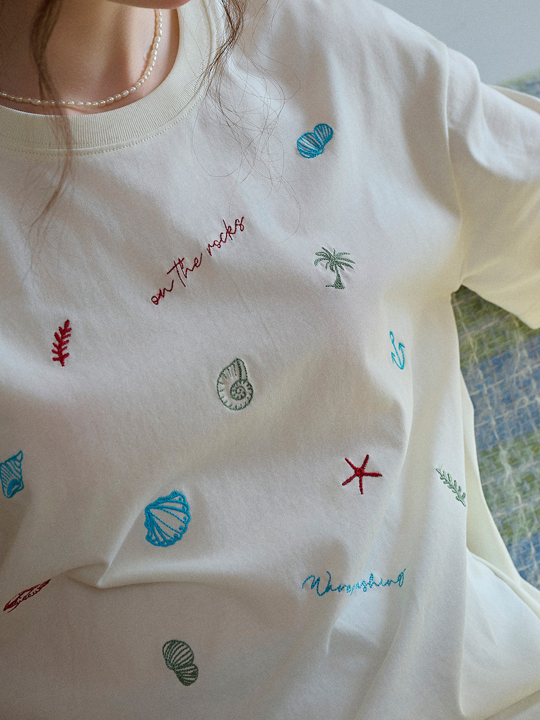 Marina Round Neck Shell Embroidery 100% Cotton T-shirt