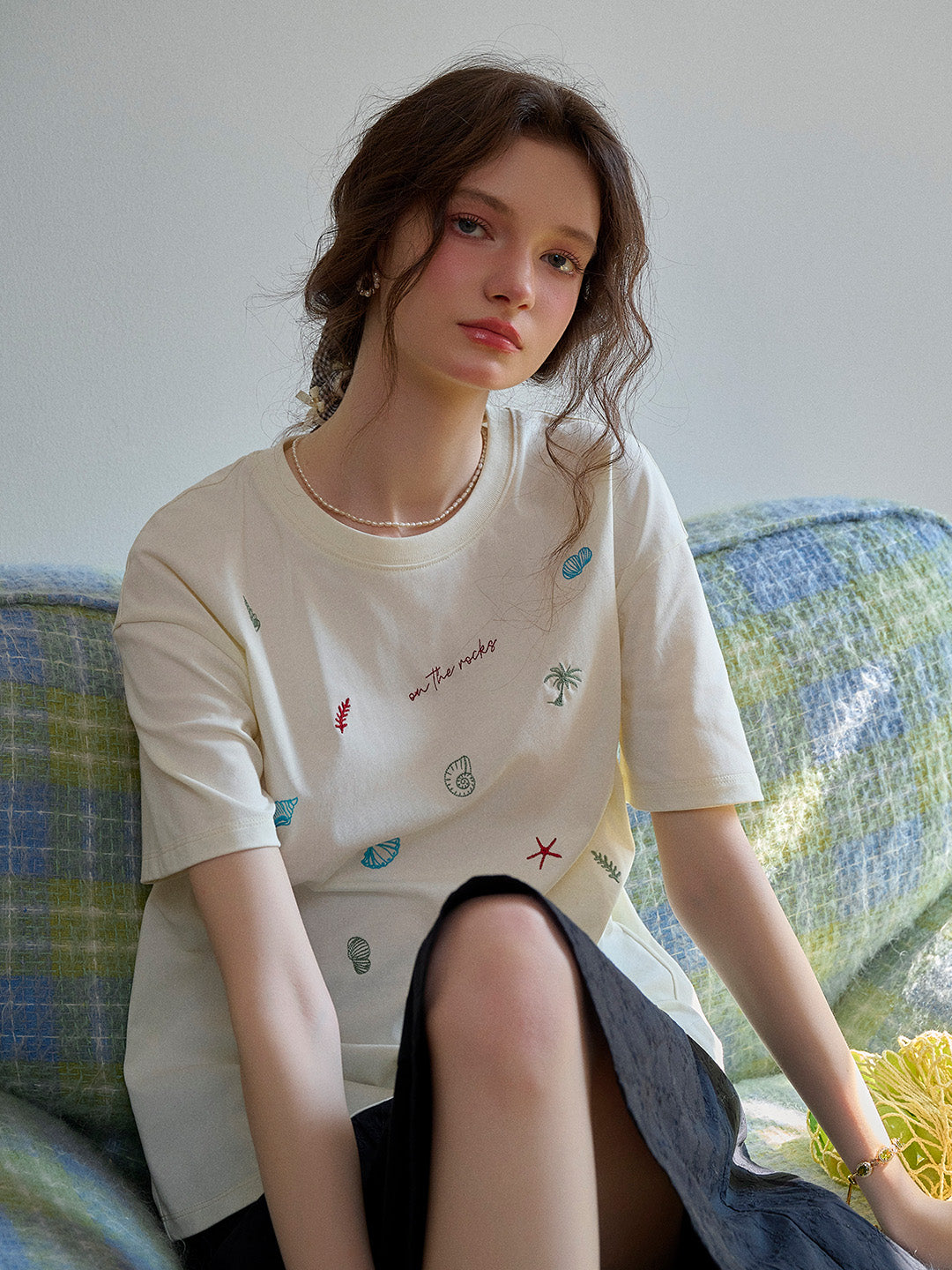 Marina Round Neck Shell Embroidery 100% Cotton T-shirt