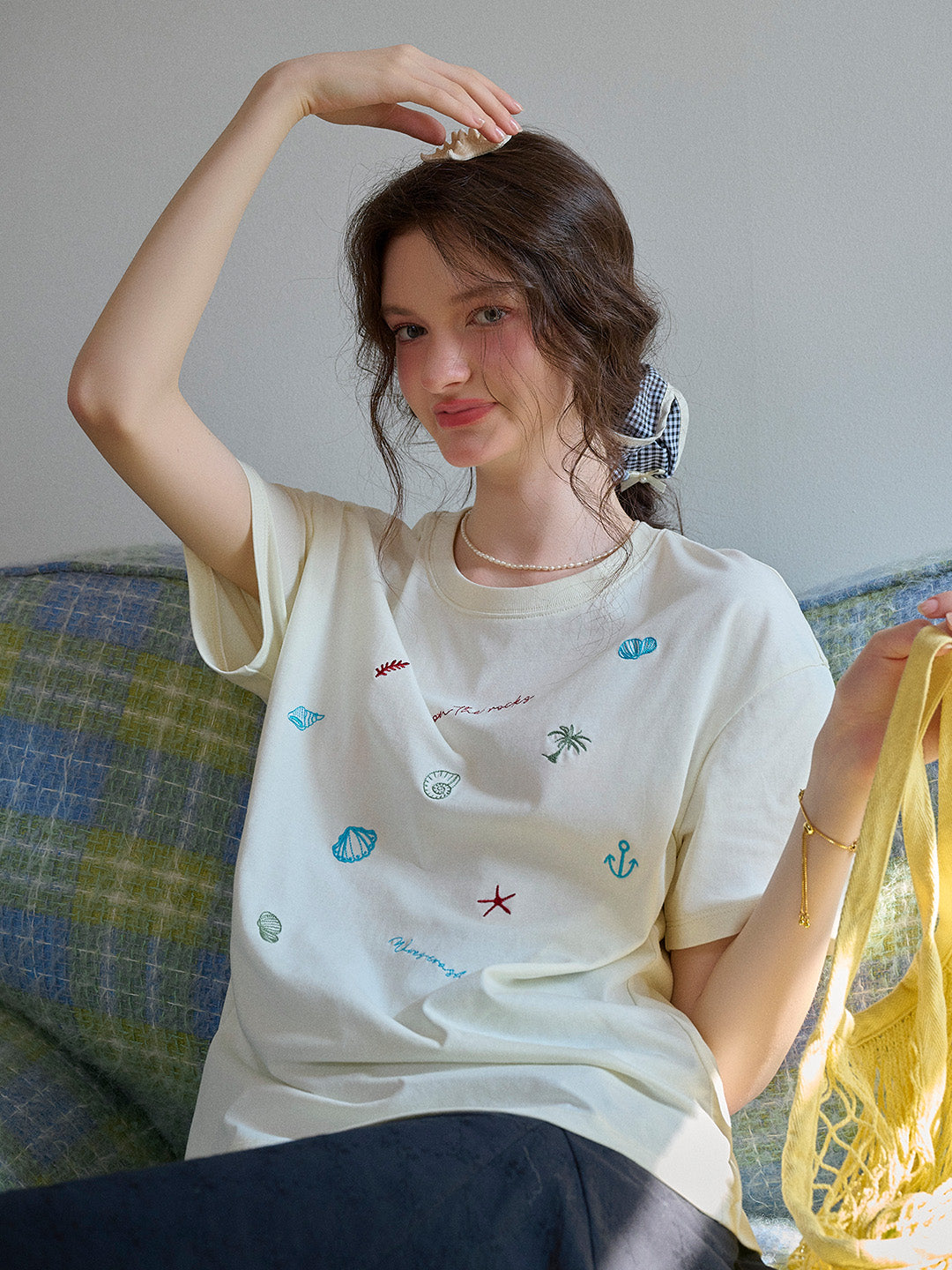 Marina Round Neck Shell Embroidery 100% Cotton T-shirt
