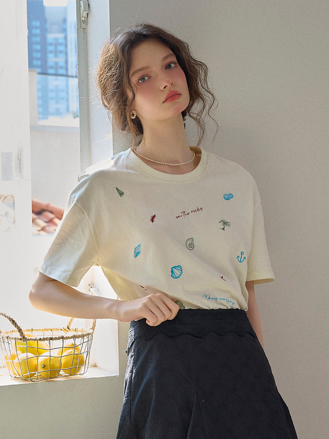Marina Round Neck Shell Embroidery 100% Cotton T-shirt