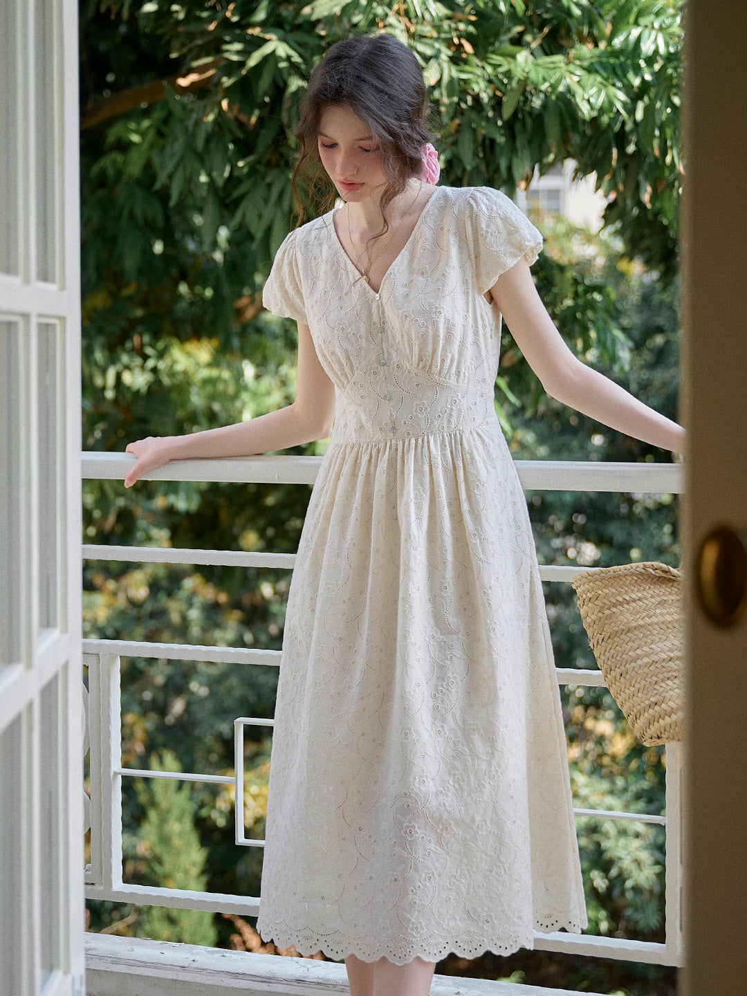 Soleil V-Neck Embroidery 100% Cotton Dress