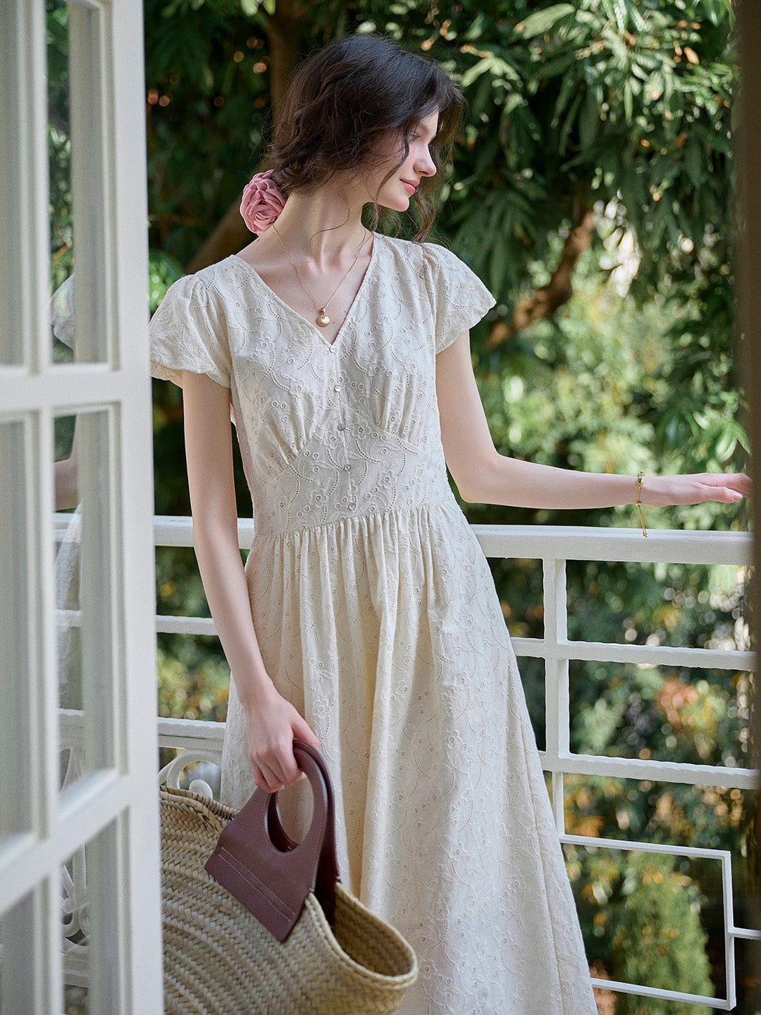 Soleil V-Neck Embroidery 100% Cotton Dress