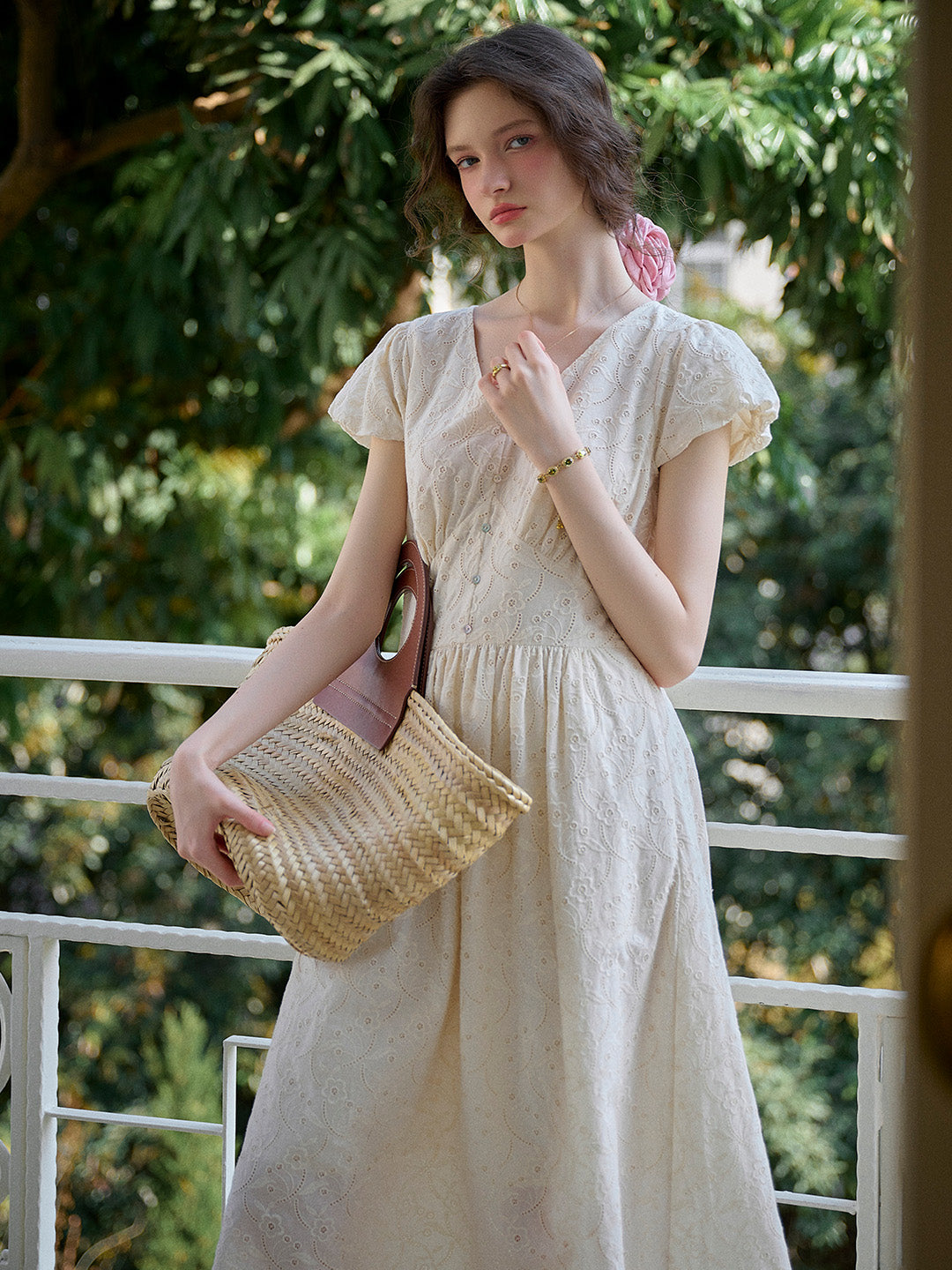 Soleil V-Neck Embroidery 100% Cotton Dress