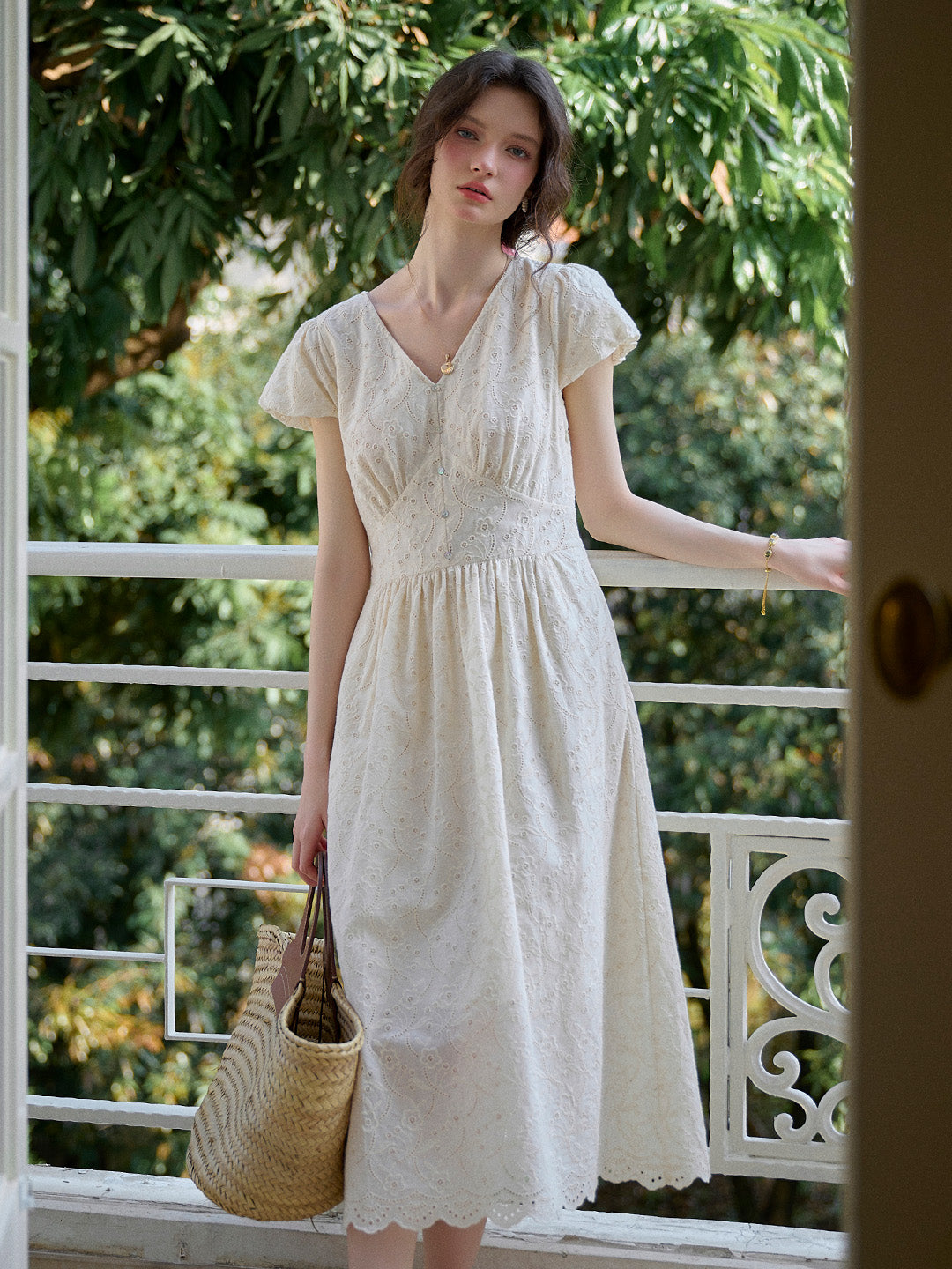 Soleil V-Neck Embroidery 100% Cotton Dress