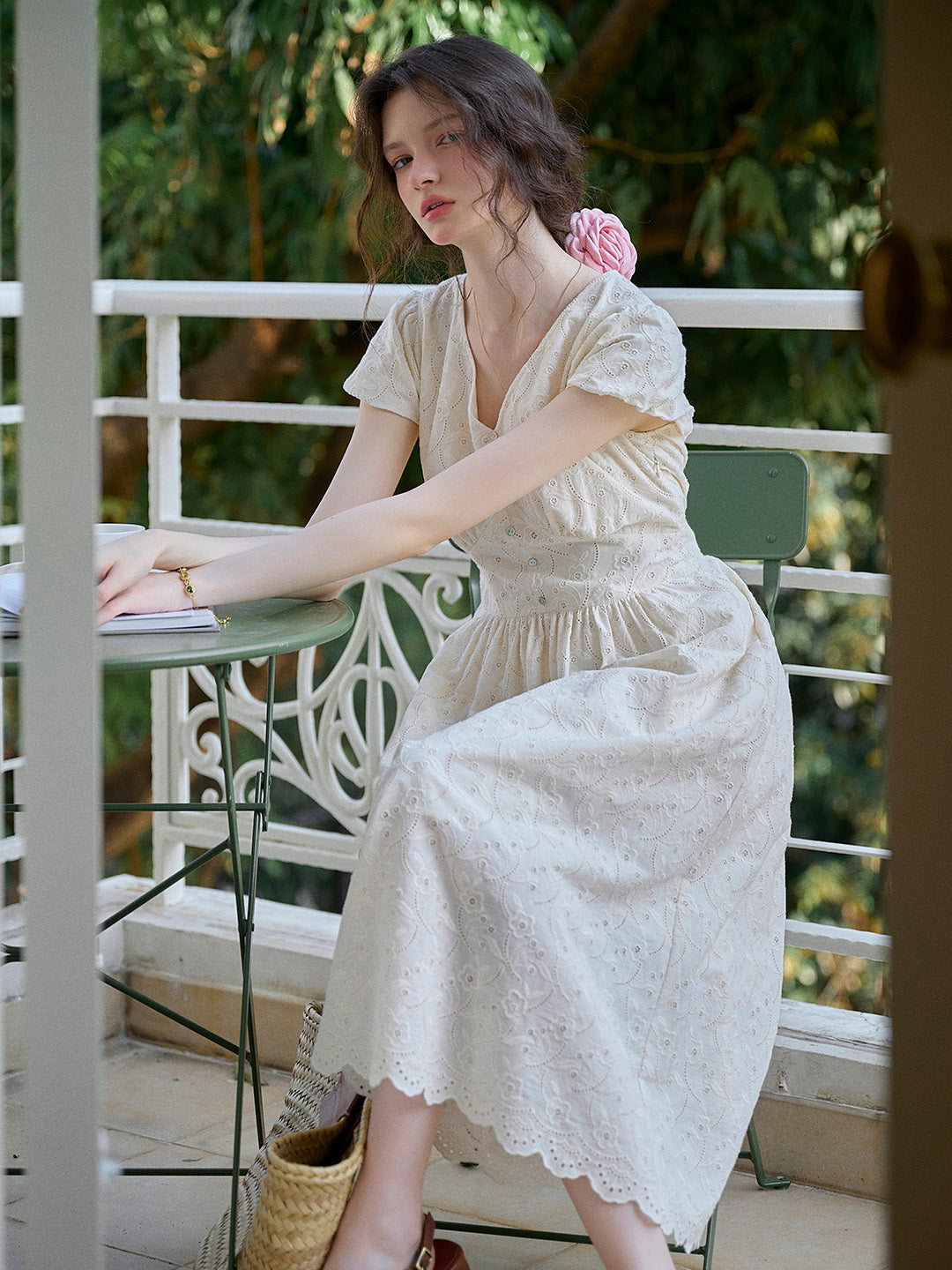 Soleil V-Neck Embroidery 100% Cotton Dress
