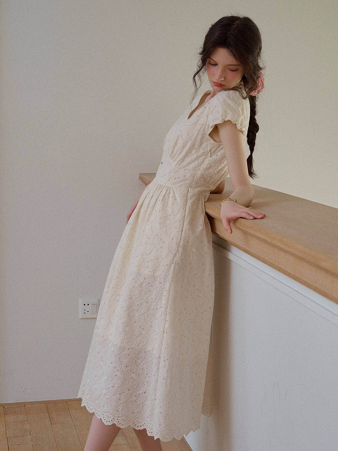 Soleil V-Neck Embroidery 100% Cotton Dress