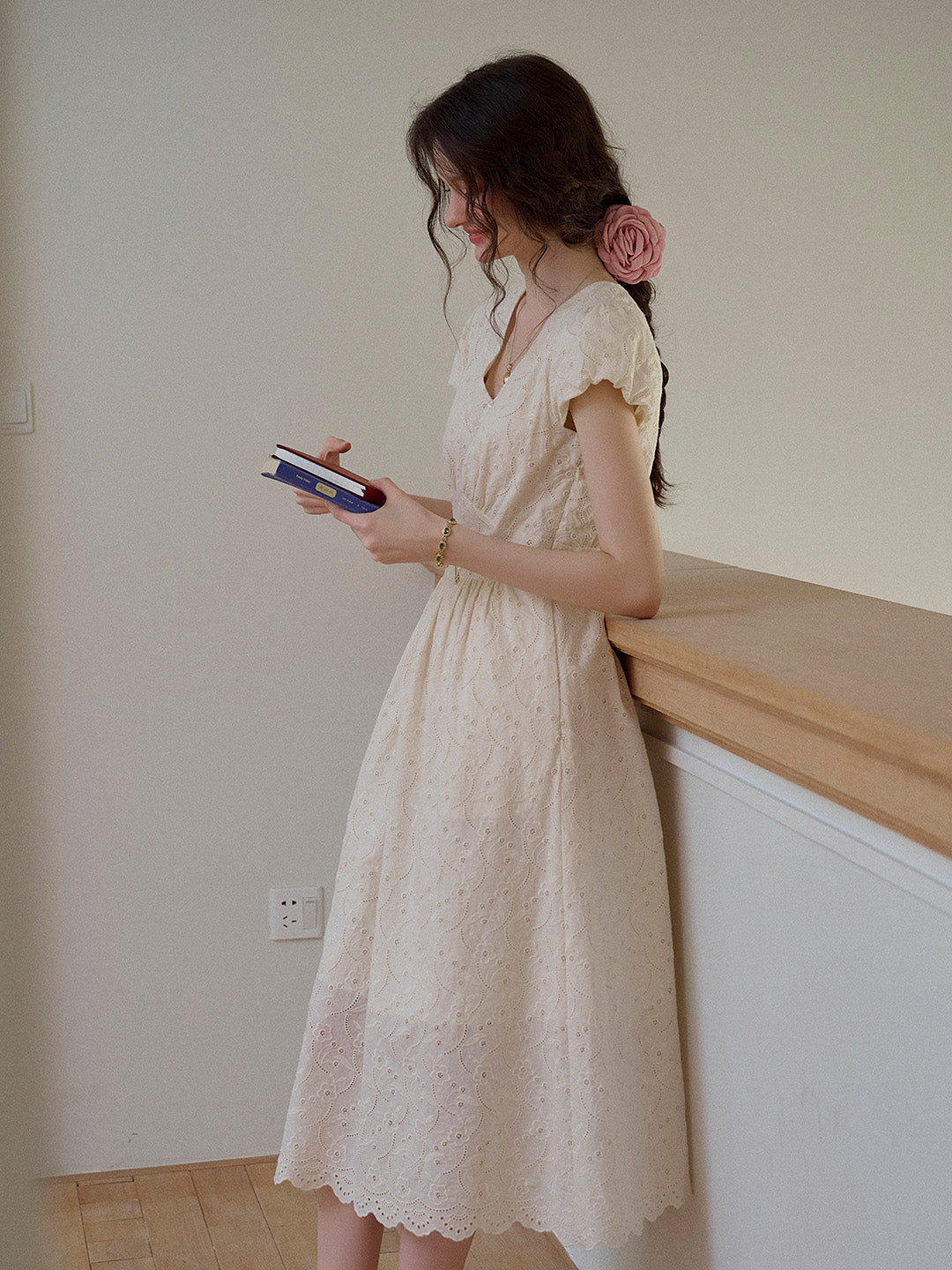 Soleil V-Neck Embroidery 100% Cotton Dress